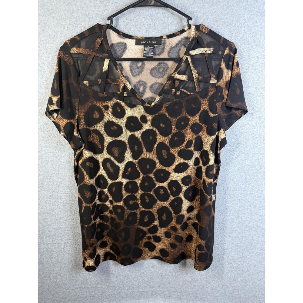 Adele & May Blouse Womens Large Brown Leopard Print V Neck Short Sleeve Top